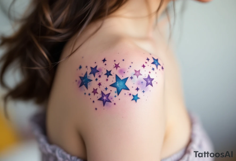 Watercolor-style Capricorn stars constellation in soft blues and purples, fading like a cosmic dream across the shoulder. tattoo idea
