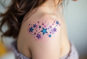 Watercolor-style Capricorn stars constellation in soft blues and purples, fading like a cosmic dream across the shoulder. tattoo idea