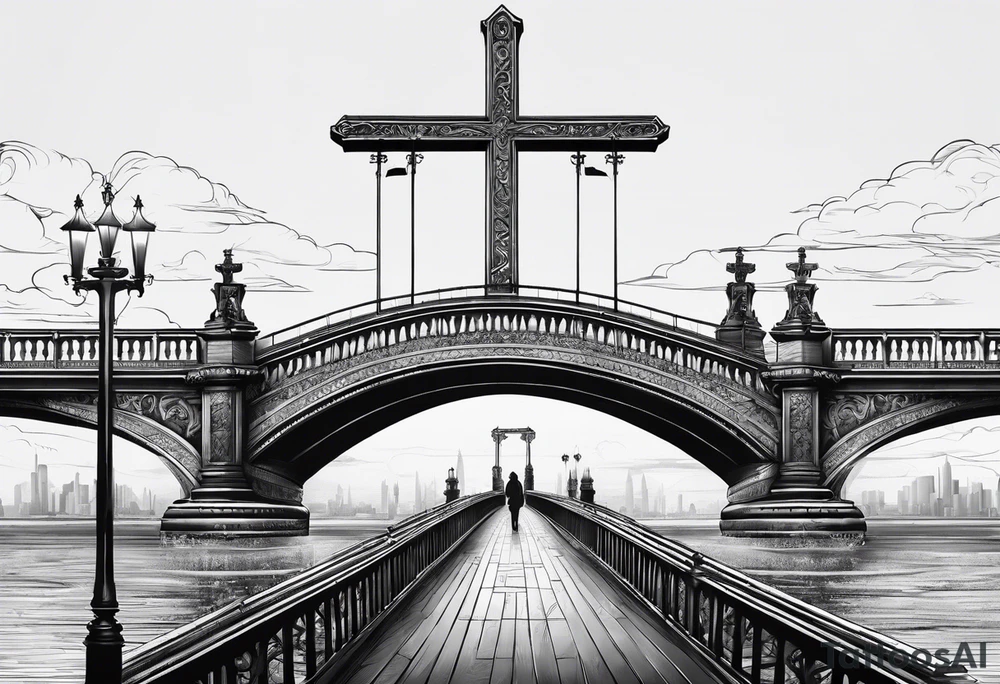 Cross shaped bridge with people walking across tattoo idea