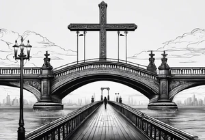 Cross shaped bridge with people walking across tattoo idea
