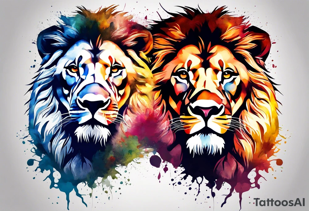 Lion and Lioness Tattoo. Water Colour splash back. Lion on one side, Lioness on the other. Power and love tattoo idea