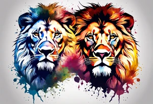 Lion and Lioness Tattoo. Water Colour splash back. Lion on one side, Lioness on the other. Power and love tattoo idea