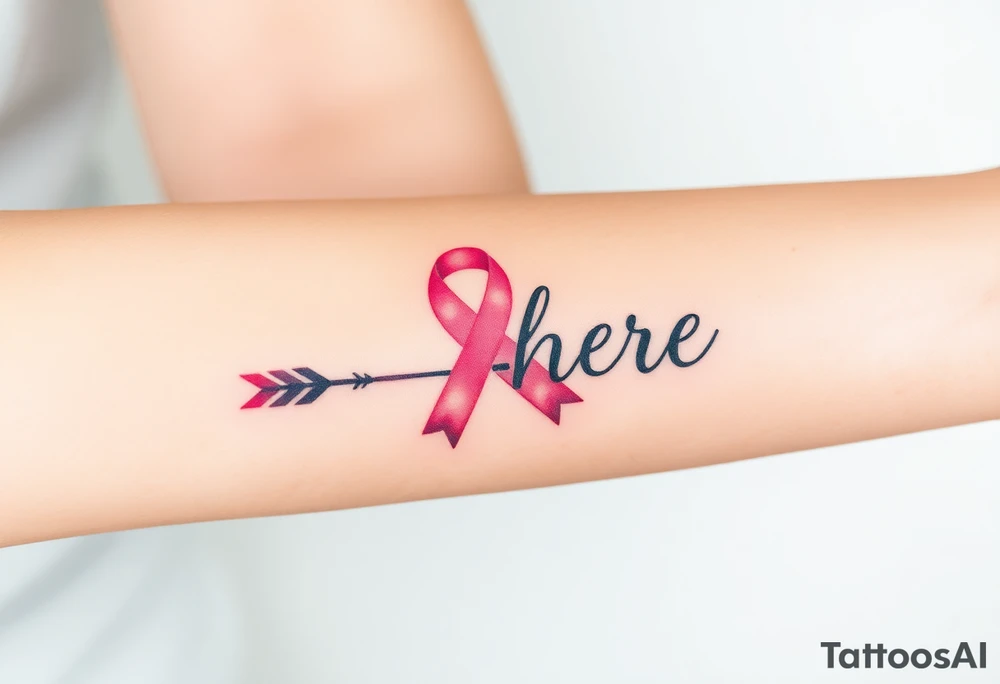 ‘I am here’ with breast cancer pink ribbon arrow tattoo idea