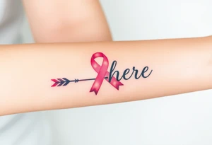 ‘I am here’ with breast cancer pink ribbon arrow tattoo idea