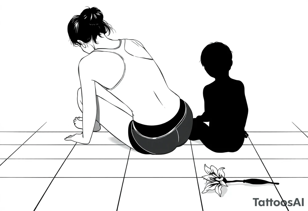 a tile floor with a minimalist realistic silhouette of the back of a thin woman sitting curled on the tile floor and a black silhouette of a young child sitting next to her with a lily next to them on the floor. The woman is wearing a Racerback tank top, running shorts, has dark hair pulled up high, and her head is down. tattoo idea
