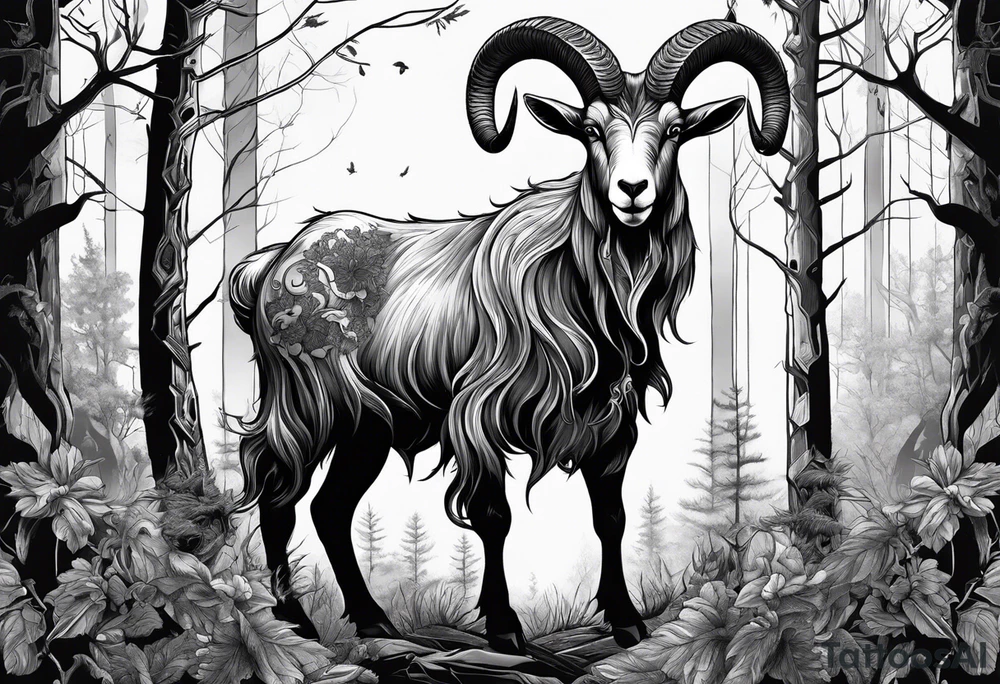 Satanic goat with horns (full body) in a forest tattoo idea