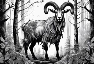Satanic goat with horns  (full body) in a forest tattoo idea