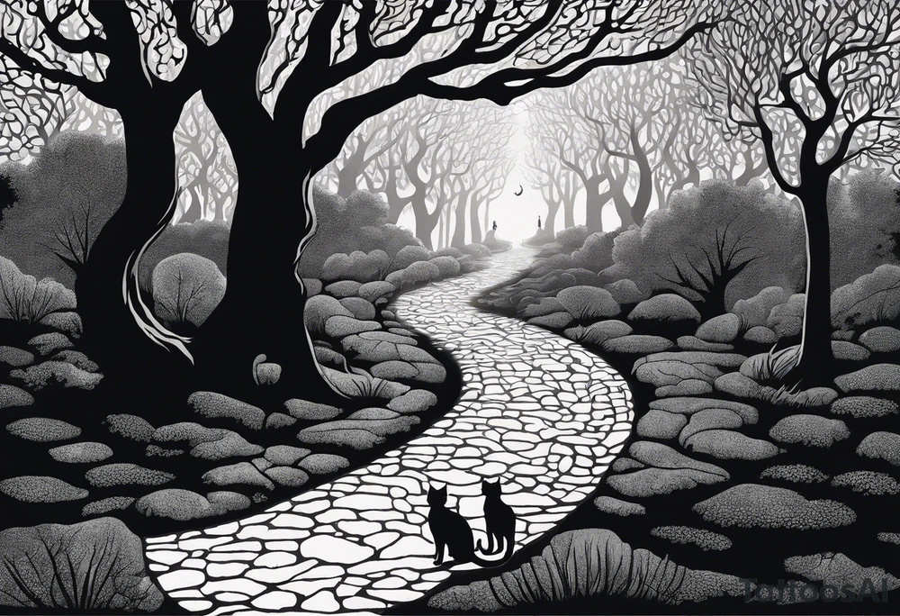 A winding uneven stone path, either side is mystical looking flora and tree roots, the path ends in a bundle of treee roots that turn into a galaxy. walking the path is a black sillouette of a man in a suit with a cat walking next to him, spread out randomly along the design are three other cat silhouettes hiding in the borders. at the very end of the path is a black silhouette of a woman in a dress holding an umbrella facing to her left. tattoo idea