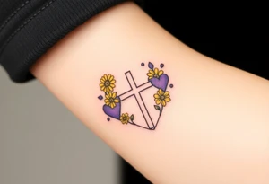 Yellow daisy Purple Hearts around a cross tattoo idea