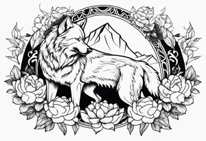 Wolf fighting with bear with peonies and smoke tattoo idea