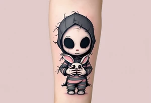 Tim Burton’s black-eyed orphan holds a broken toy rabbit, dressed in dusty pink and gray stripes. tattoo idea