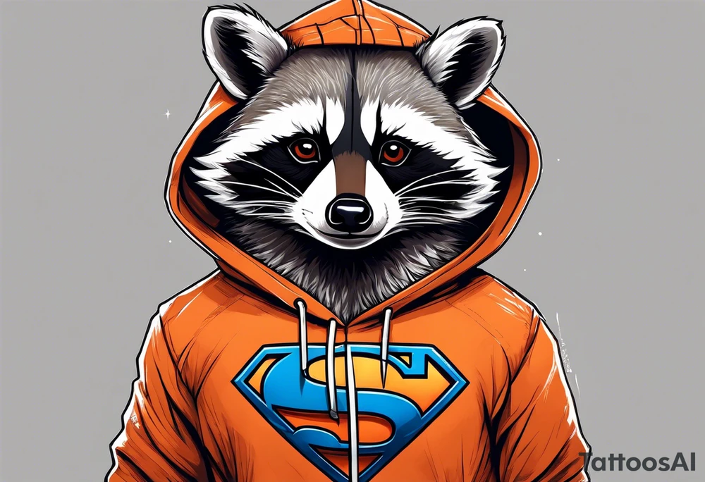 Raccoon wearing an orange Superman hoodie tattoo idea