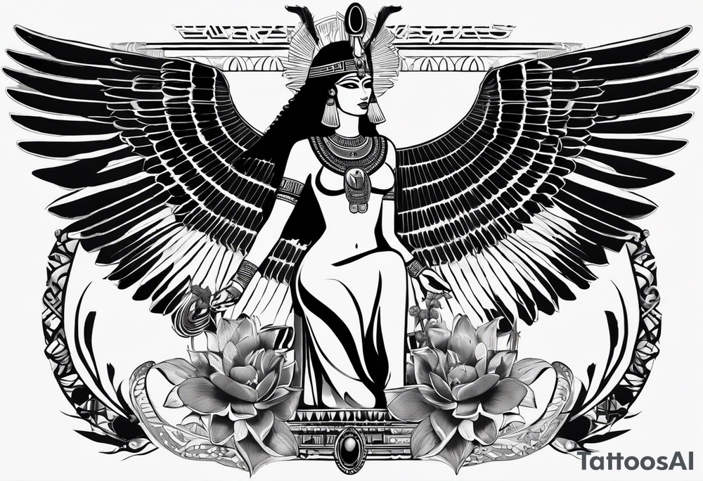 black and white Egyptian goddess Isis, who is often depicted as a woman with outstretched wings, holding an ankh (a symbol of life) in one hand and a lotus flower in the other. Her headdress often includes a throne or a solar disk. The tattoo design can vary in style and size, but it typically aims to capture the essence of this revered Egyptian deity, emphasizing her beauty, power, and maternal qualities. The choice of colors and additional elements can also be customized to create a unique and visually striking representation of the goddess Isis tattoo idea