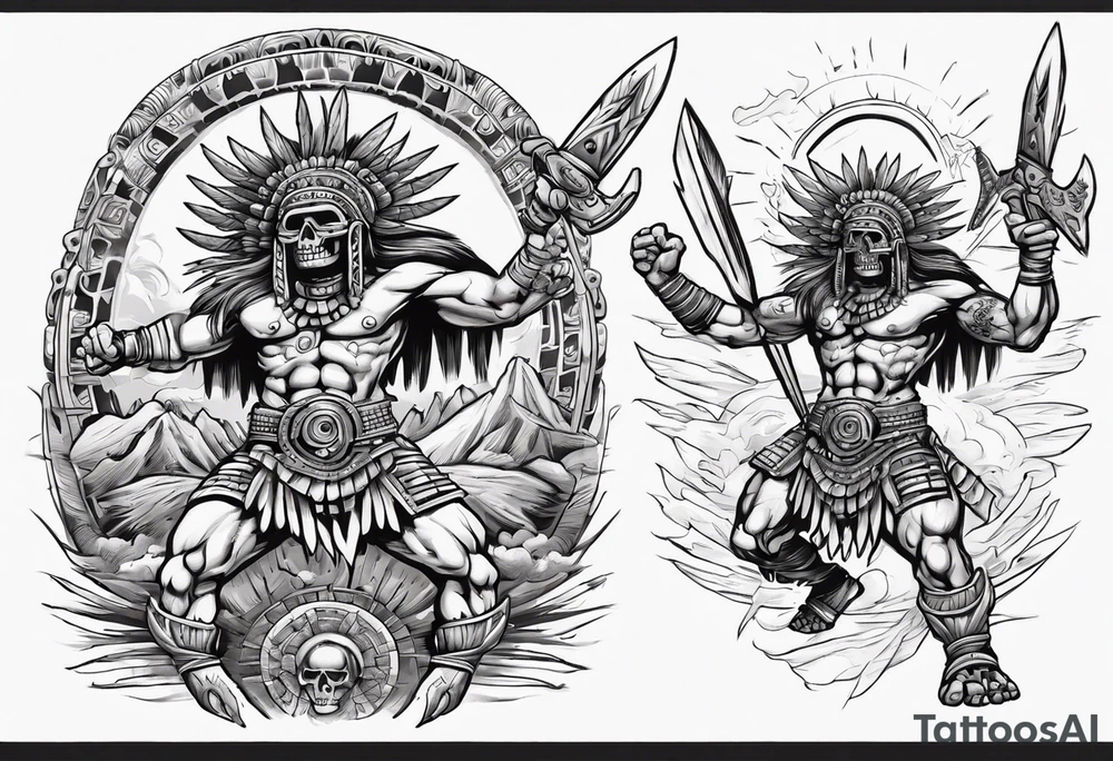 aztec death god warrior fighting against the gods as the sunrise from the ground tattoo idea