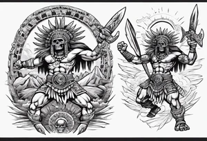 aztec death god warrior fighting against the gods as the sunrise from the ground tattoo idea
