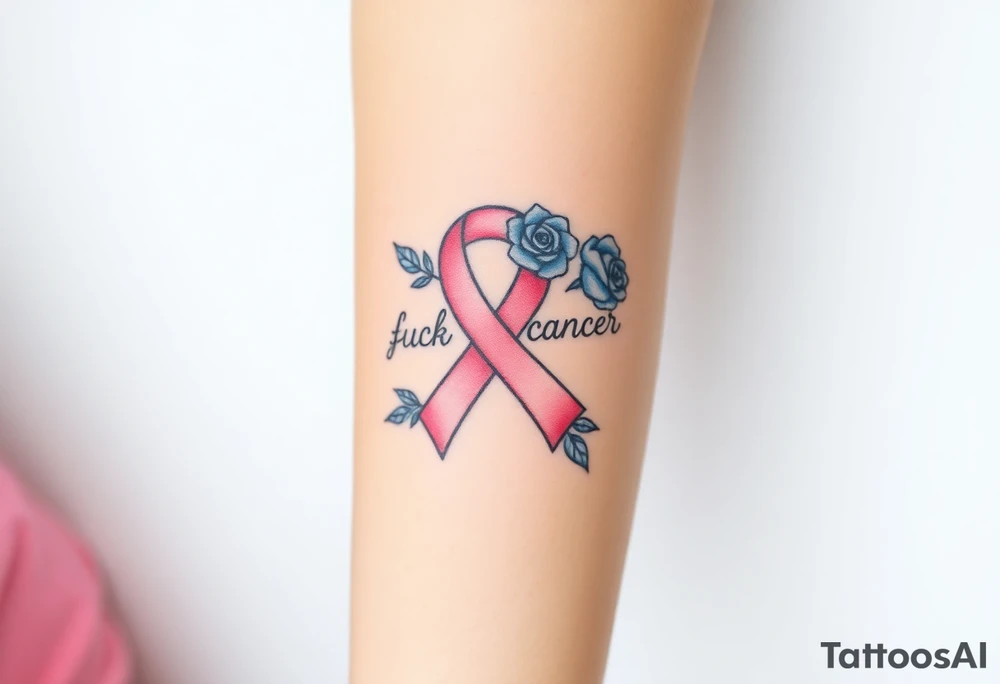 Pretty pink Cancer ribbon that says "fuck cancer"with blue roses tattoo idea