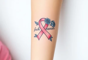 Pretty pink Cancer ribbon that says "fuck cancer"with blue roses tattoo idea