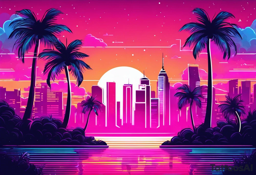 synthwave tattoo with palm trees and skyscrapers tattoo idea