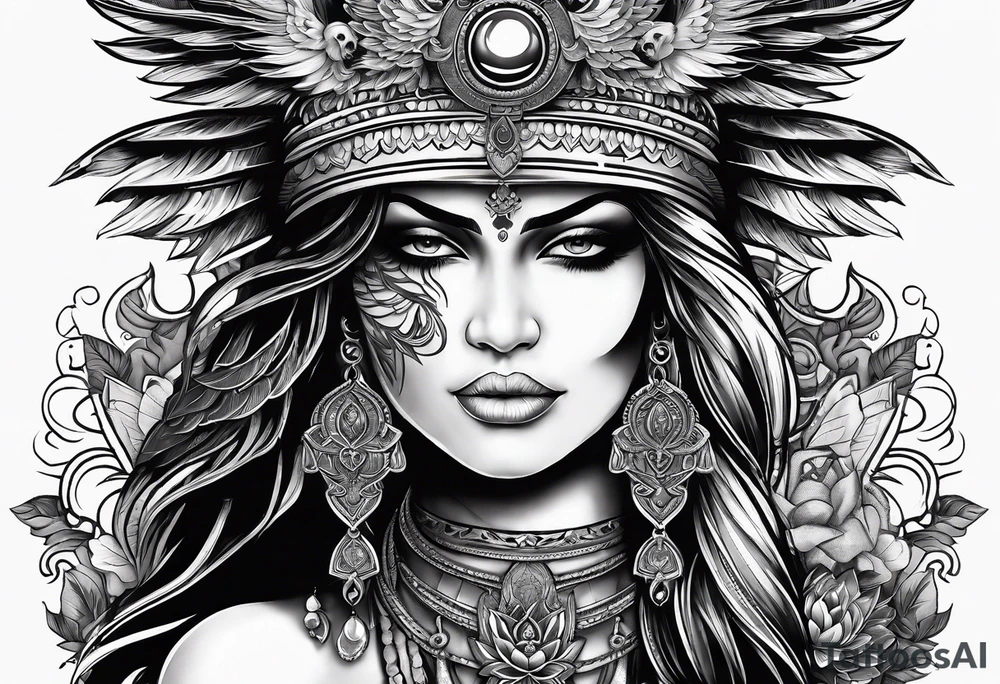 kali, goddess pirate, pachamama, warrior, skull, lotus, wing, eagle tattoo idea