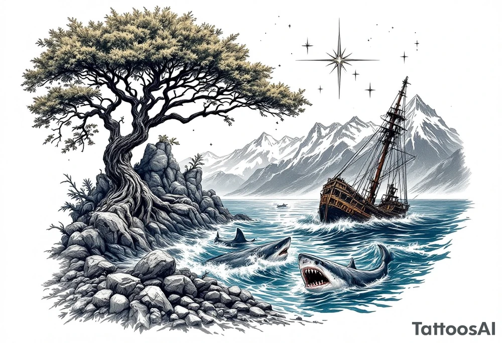 tattoo that has an acacia tree with mountains, ocean with a ship wreck with sharks and the northern star tattoo idea