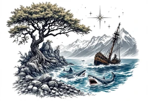 tattoo that has an acacia tree with mountains, ocean with a ship wreck with sharks and the northern star tattoo idea