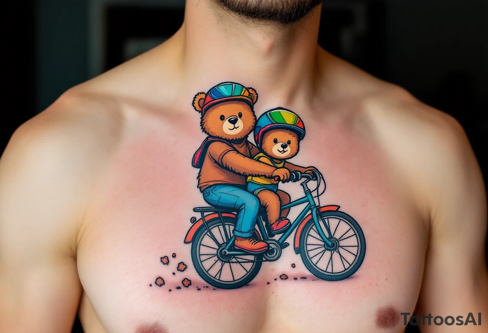 A bear and cub riding a bike together, drawn in simple round shapes with brown fur and colorful helmets. tattoo idea