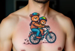 A bear and cub riding a bike together, drawn in simple round shapes with brown fur and colorful helmets. tattoo idea