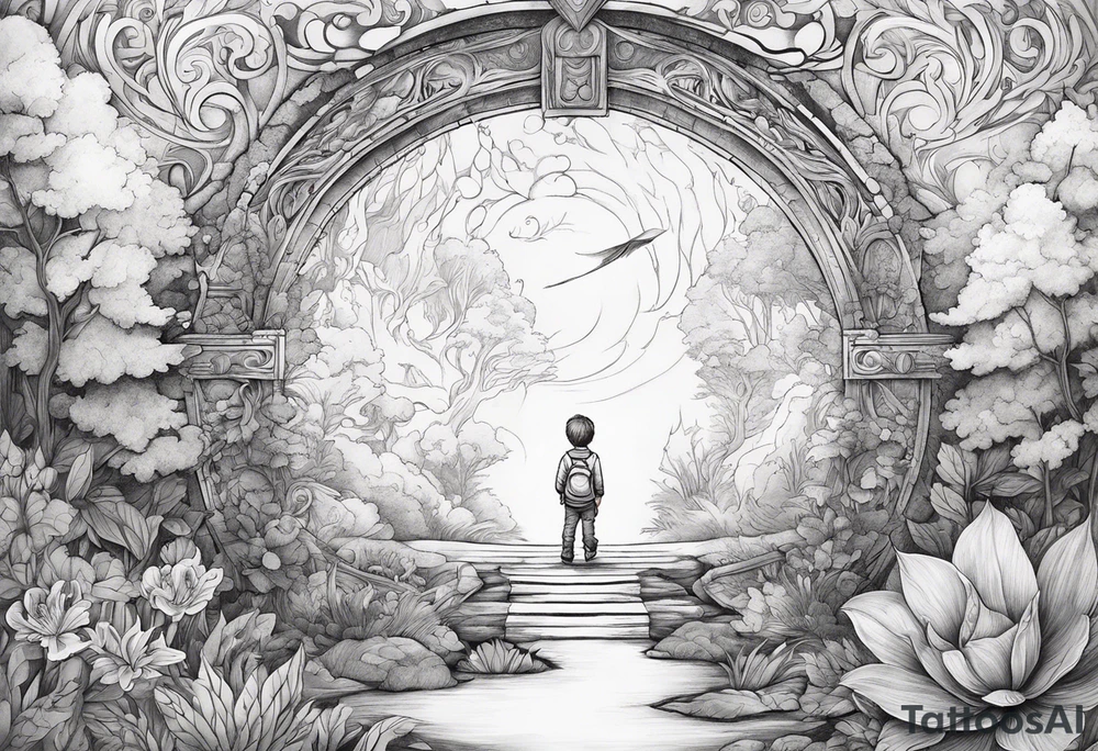 a small boy entering a portal leading to a fantasy world filled with nature tattoo idea