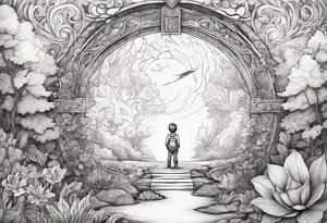 a small boy entering a portal leading to a fantasy world filled with nature tattoo idea