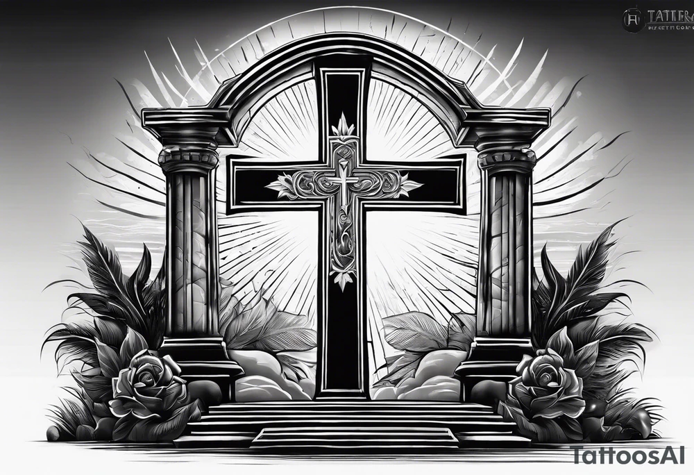 Tomb with cross and sun in the background tattoo idea