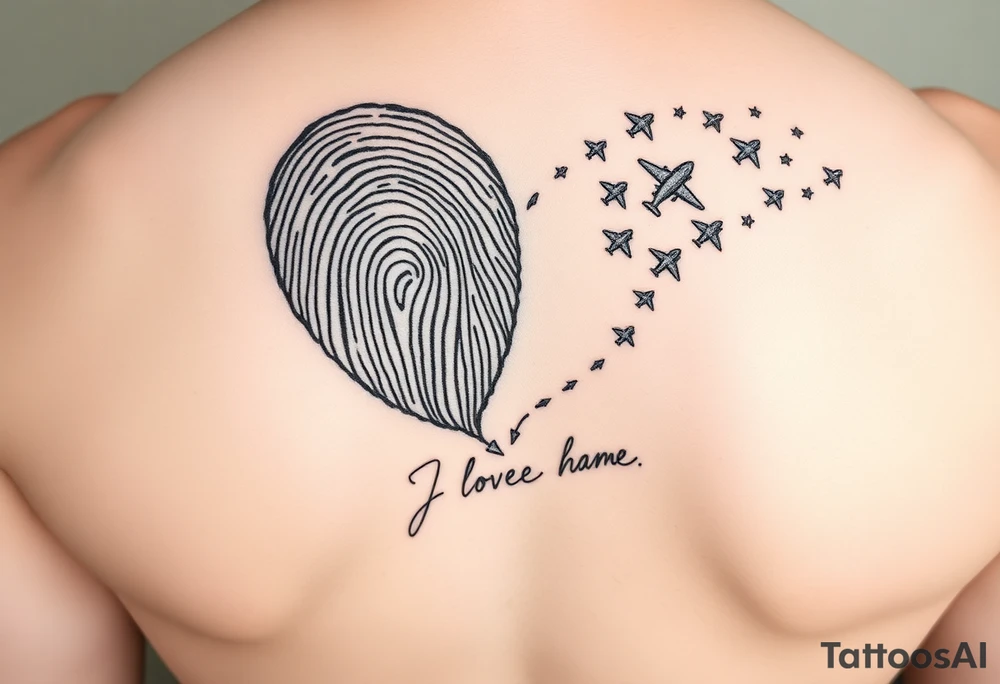 Two fingerprints merged into a heart shape, with the top right edge breaking away into small planes flying into the sky.

Place a signature Beneath the heart in the loved one’s handwriting. tattoo idea