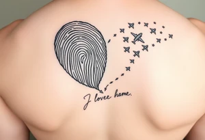 Two fingerprints merged into a heart shape, with the top right edge breaking away into small planes flying into the sky.

Place a signature Beneath the heart in the loved one’s handwriting. tattoo idea