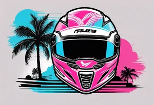 Formula 1 helment with a palm tree and black pink and light blue color tattoo idea