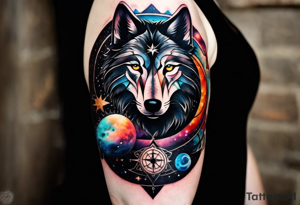 a tattoo sleeve with: A yin yang, A compass, A geometric wolf, A galaxy scene with planets and stars. The tattoo covers the entire arm and has a colorful and detailed style. The yin yang is on the shoulder and has a black and white contrast. The compass is on the upper arm and has a realistic and metallic look. The geometric wolf is on the lower arm and has a blue and purple color scheme. The galaxy scene is on the hand and wrist and has a dark and starry background with planets and moons. The tattoo is connected by a swirling pattern that creates a sense of harmony and movement. tattoo idea