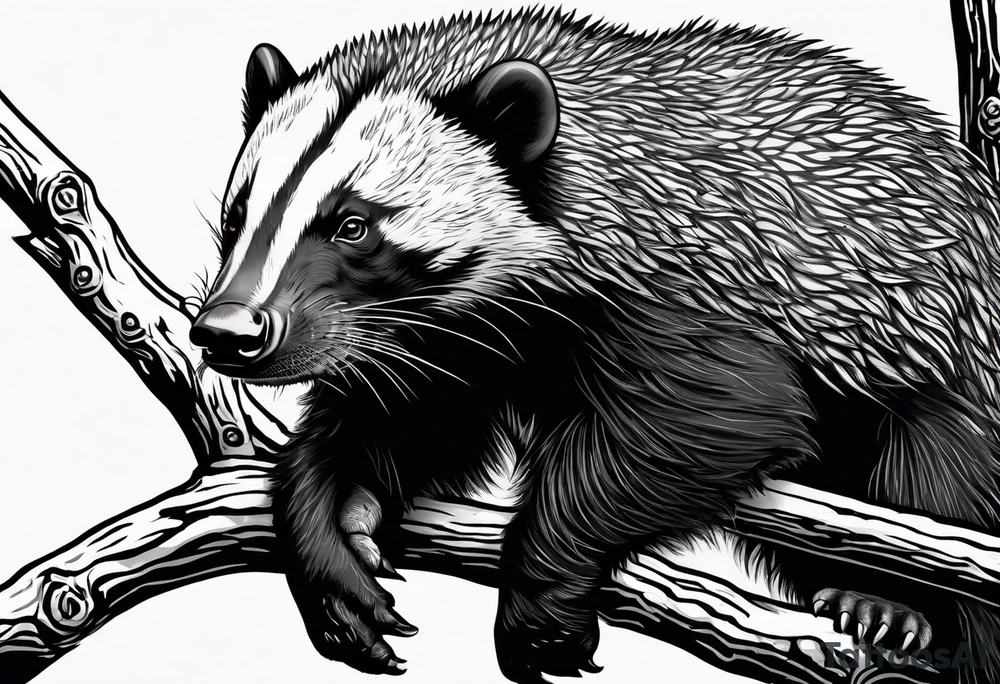 honey badger hanging onto branch, claws near head, gentle face, legs hanging on trying to get over tattoo idea