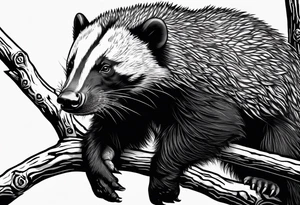 honey badger hanging onto branch, claws near head, gentle face, legs hanging on trying to get over tattoo idea