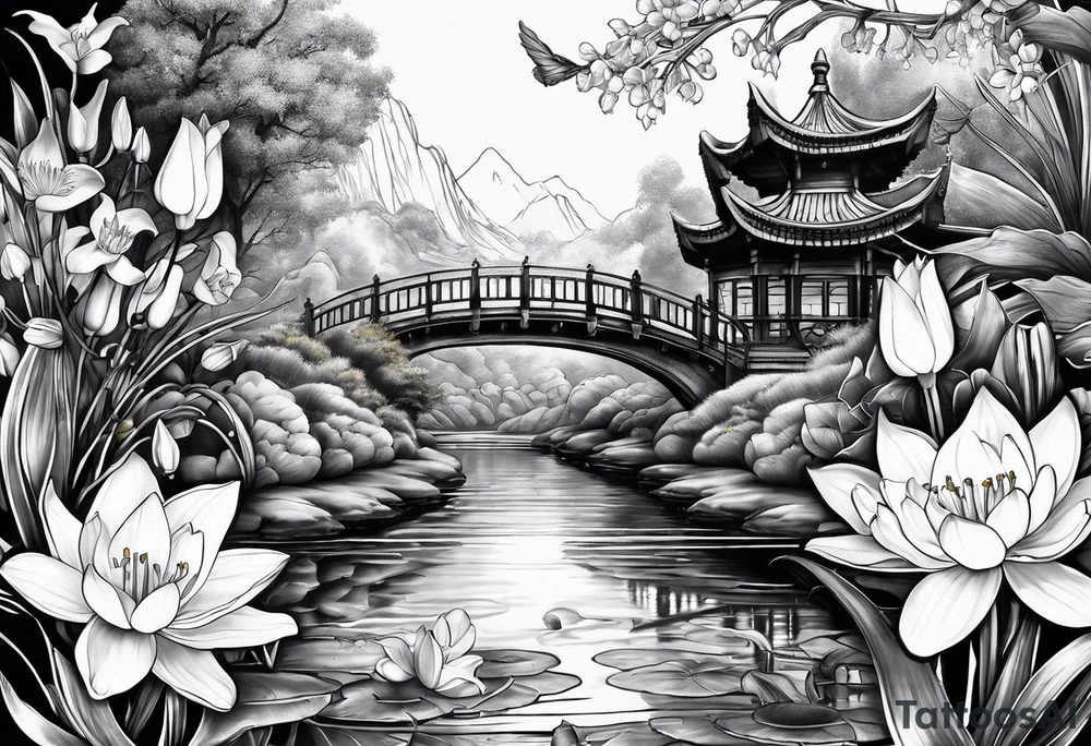 sleeve tattoo including science, skulls, roller coaster track, space and stars, water lily, daffodil, lily of the valley tattoo idea