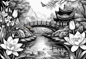 sleeve tattoo including science, skulls, roller coaster track, space and stars, water lily, daffodil, lily of the valley tattoo idea