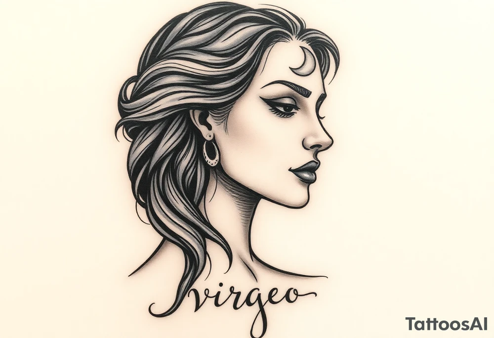 A detailed profile of a serene goddess with a crescent moon on her forehead, with silver and deep navy shading and the word virgo tattoo idea