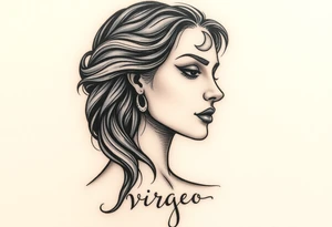 A detailed profile of a serene goddess with a crescent moon on her forehead, with silver and deep navy shading and the word virgo tattoo idea