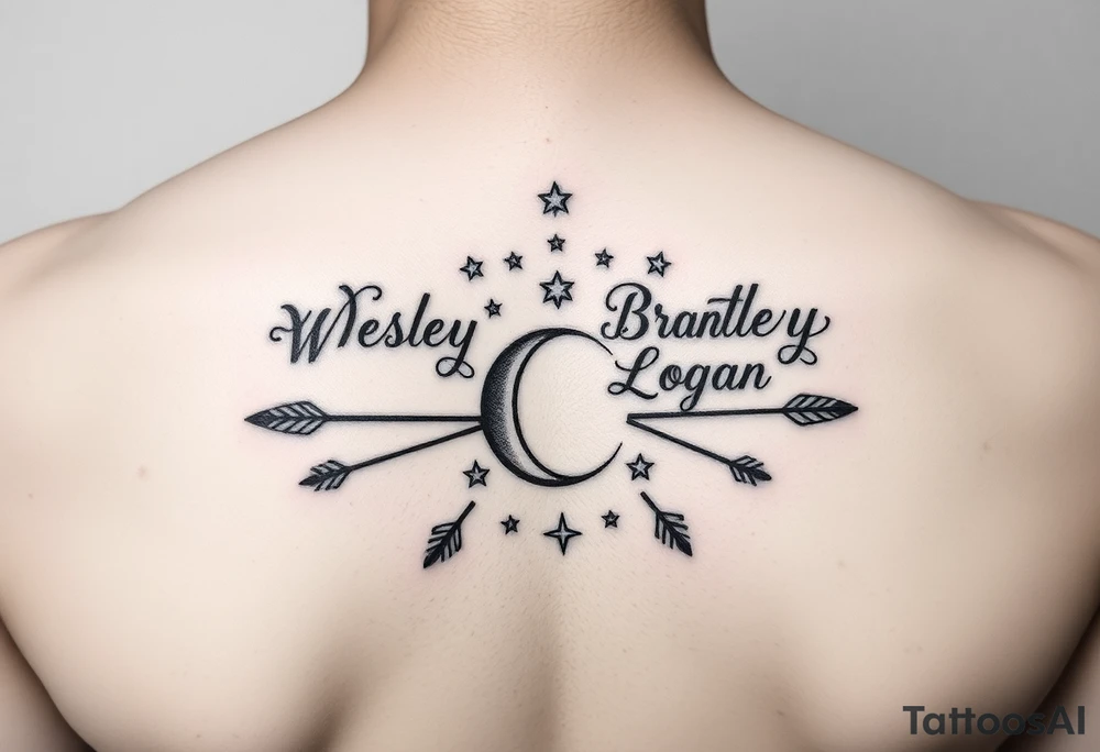 Name tattoo with Wesley Brantley Logan with arrows infinity moon and stars tattoo idea