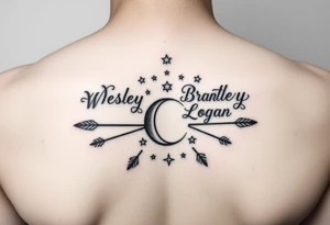 Name tattoo with Wesley Brantley Logan with arrows infinity moon and stars tattoo idea