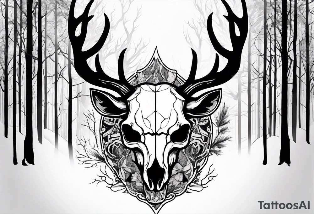 A frightening horror DECAYING deer skull JUST BONE side profile surrounded by a forest fire in background tattoo idea