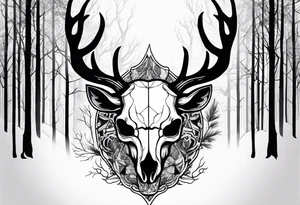 A frightening horror DECAYING deer skull JUST BONE side profile surrounded by a forest fire in background tattoo idea
