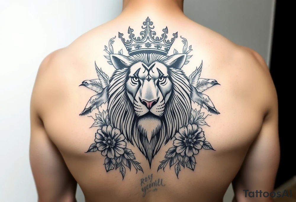 powerful majestic lion with a crown, surrounded by floral ornaments and birds tattoo idea