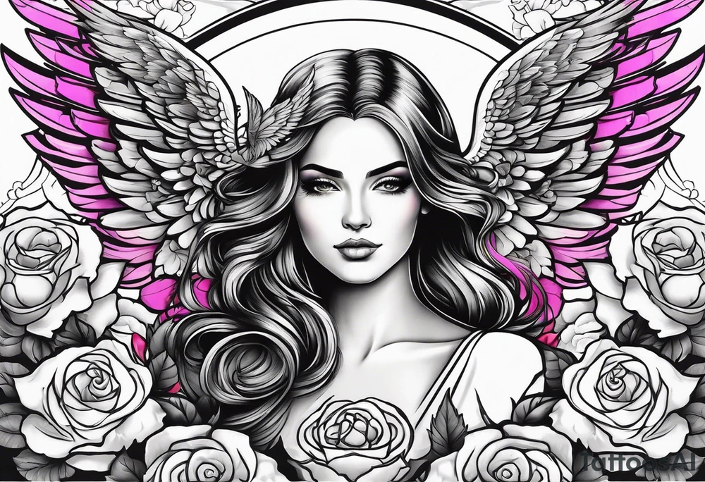 Beautiful woman angle with wings standing surrounded by roses tattoo idea