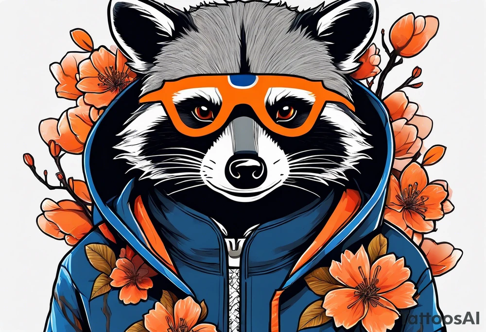 raccoon wearing a Superman hoodie with orange Japanese cherry blossoms tattoo idea