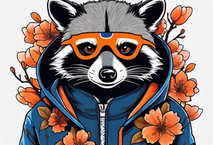 raccoon wearing a Superman hoodie with orange Japanese cherry blossoms tattoo idea
