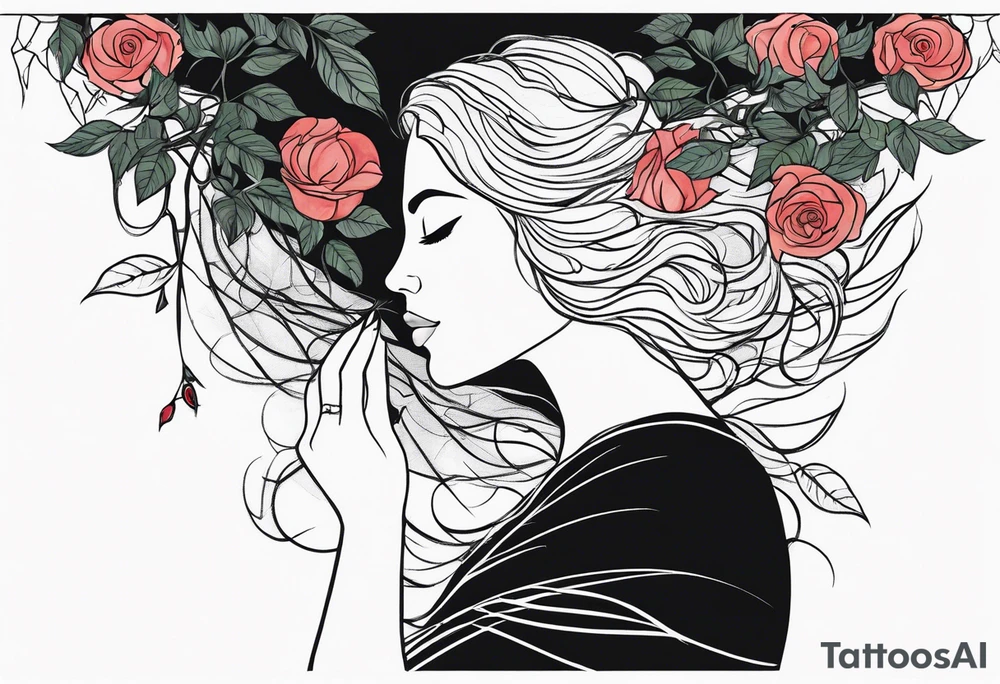 Mother Nature. Side profile with small roses branches and leaves intertwined with her hair. She’s looking at her hands. There is a small rose growing from it tattoo idea