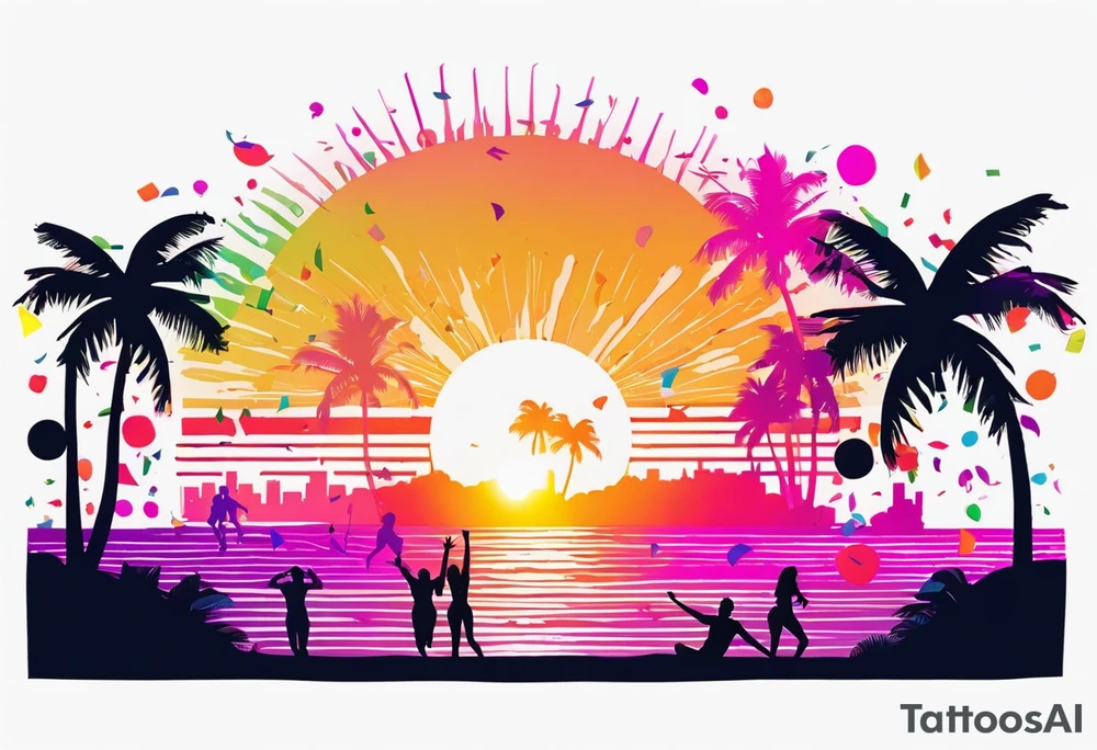 1980's miami vice style beach dance 
party, include confetti, music notes, boom box, SILHOUETTE bikinis sunset in the center tattoo idea
